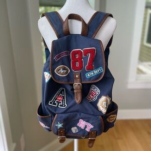 Aeropostale Navy Blue Canvas Drawstring Backpack with Patches Preppy Acadamia